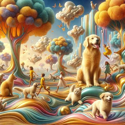 The primary subject of the image is a large dog sitting on a hill, surrounded by a group of smaller dogs. The setting is a colorful, whimsical landscape with trees, clouds, and other elements that create a vibrant and lively atmosphere. The visual style is a combination of digital art and illustration, with the artist using a variety of colors and patterns to create a unique and imaginative scene. The overall mood of the image is joyful and playful, with the dogs and their surroundings evoking